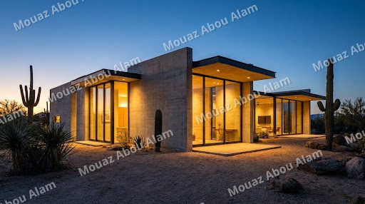 High-end architectural photograph of a minimalist modern concrete villa in a desert landscape at dusk
